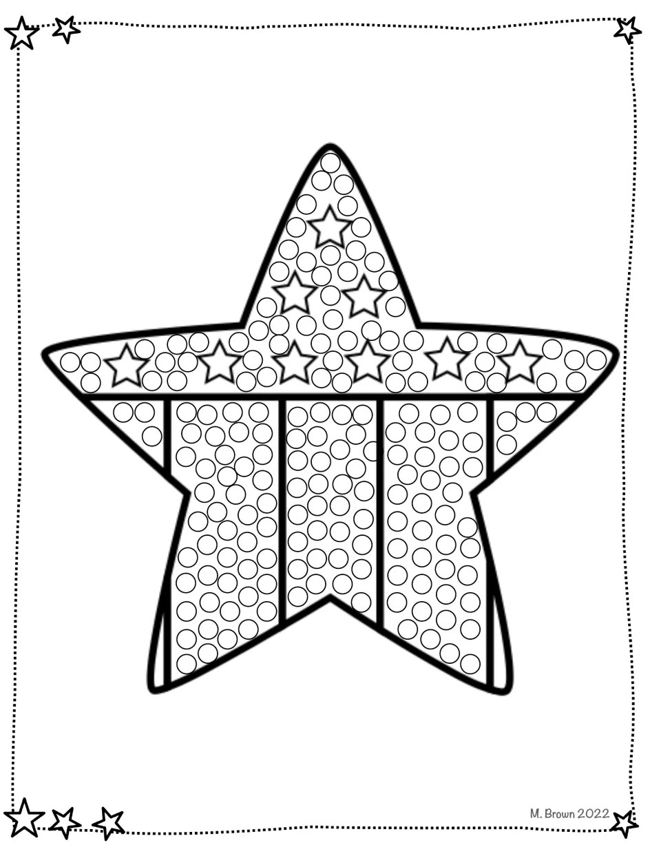 Star flag do-a-dot: students fill the dots on a large star with small stars along its top and stripes running down below