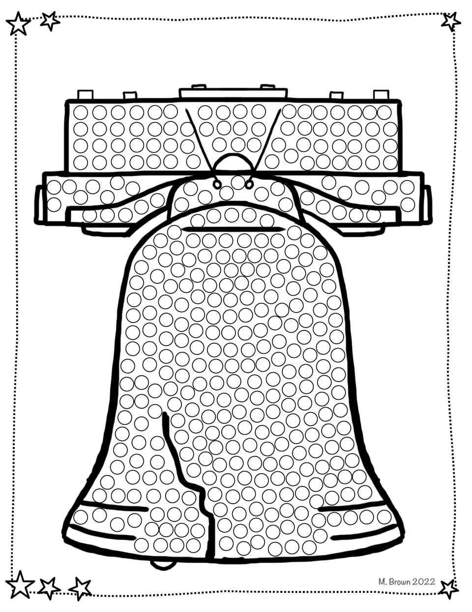 Liberty Bell do-a-dot: students dab paint into each dot on the bell and its yoke, leaving the crack undotted