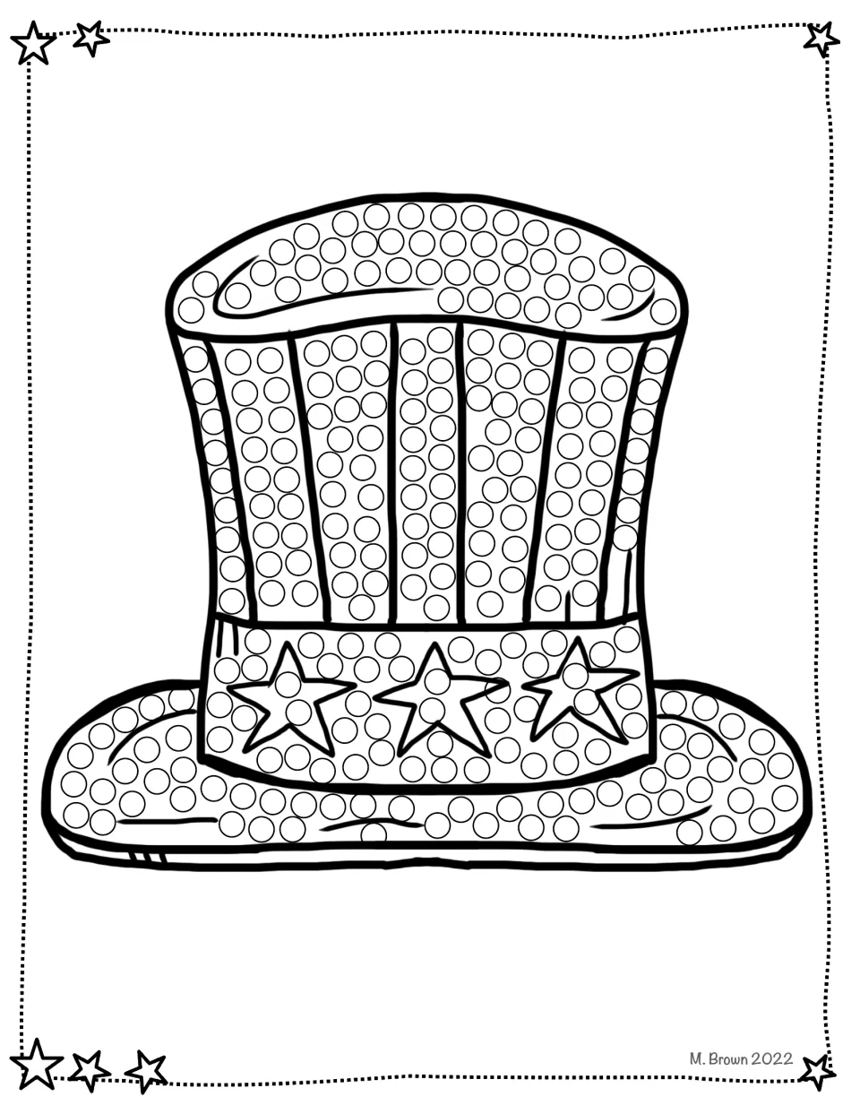 Stars and stripes top hat do-a-dot: students dot the striped crown, the brim and the hatband decorated with three stars