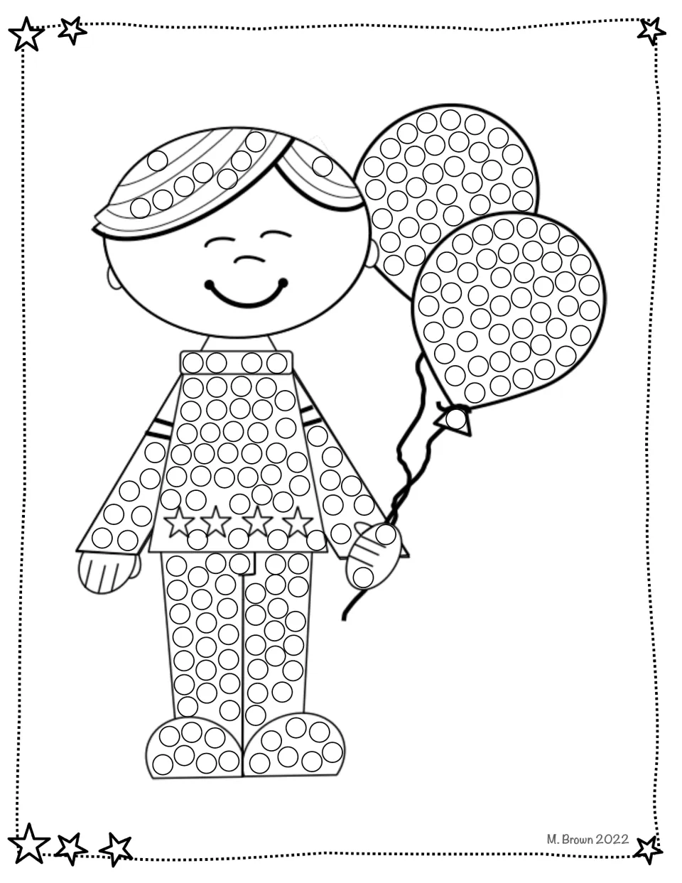 Patriotic child do-a-dot: students dot a smiling child's hair, star-trimmed shirt, pants and two balloons they hold