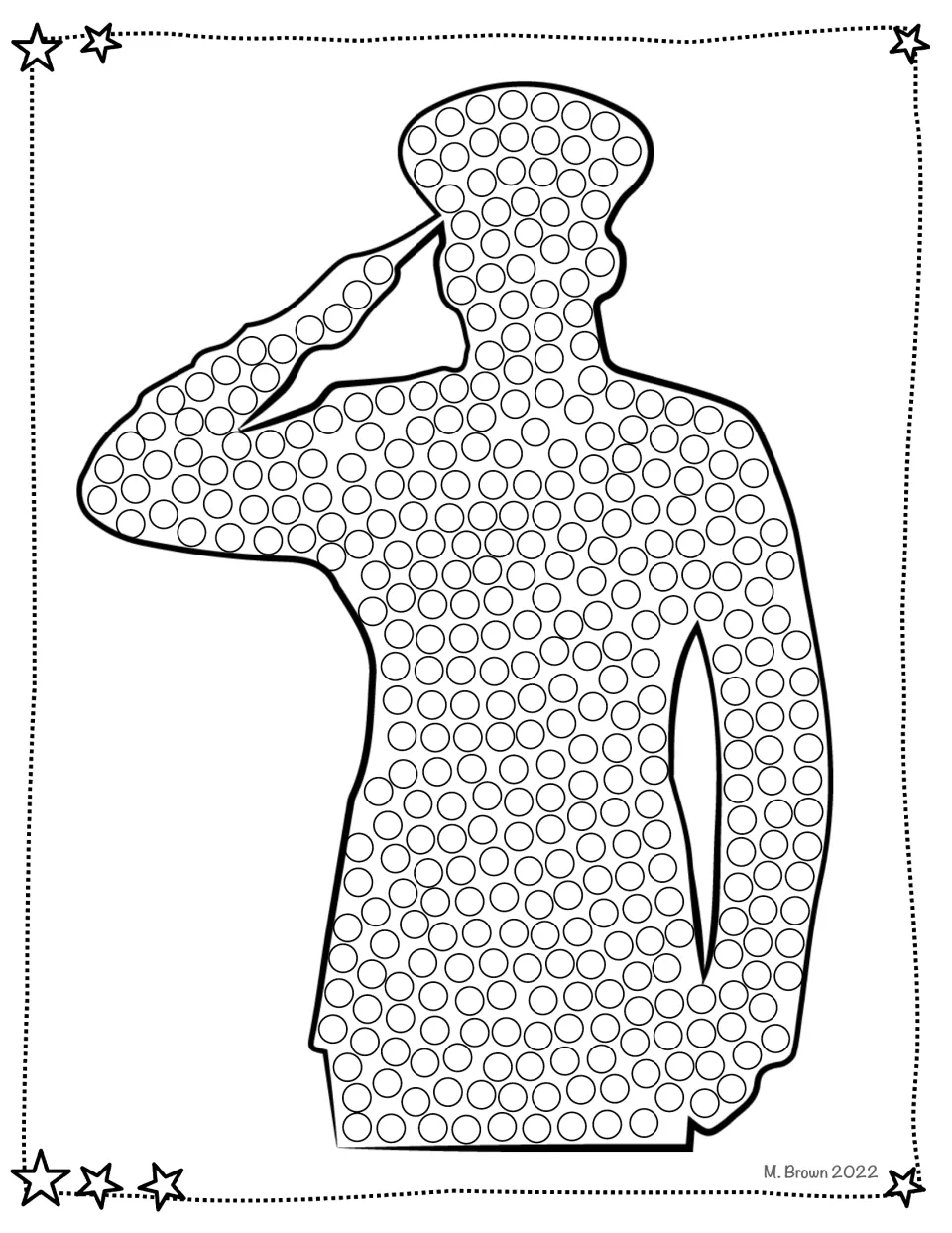 Saluting soldier do-a-dot: students fill every dot inside the silhouette, from the cap to the raised saluting hand