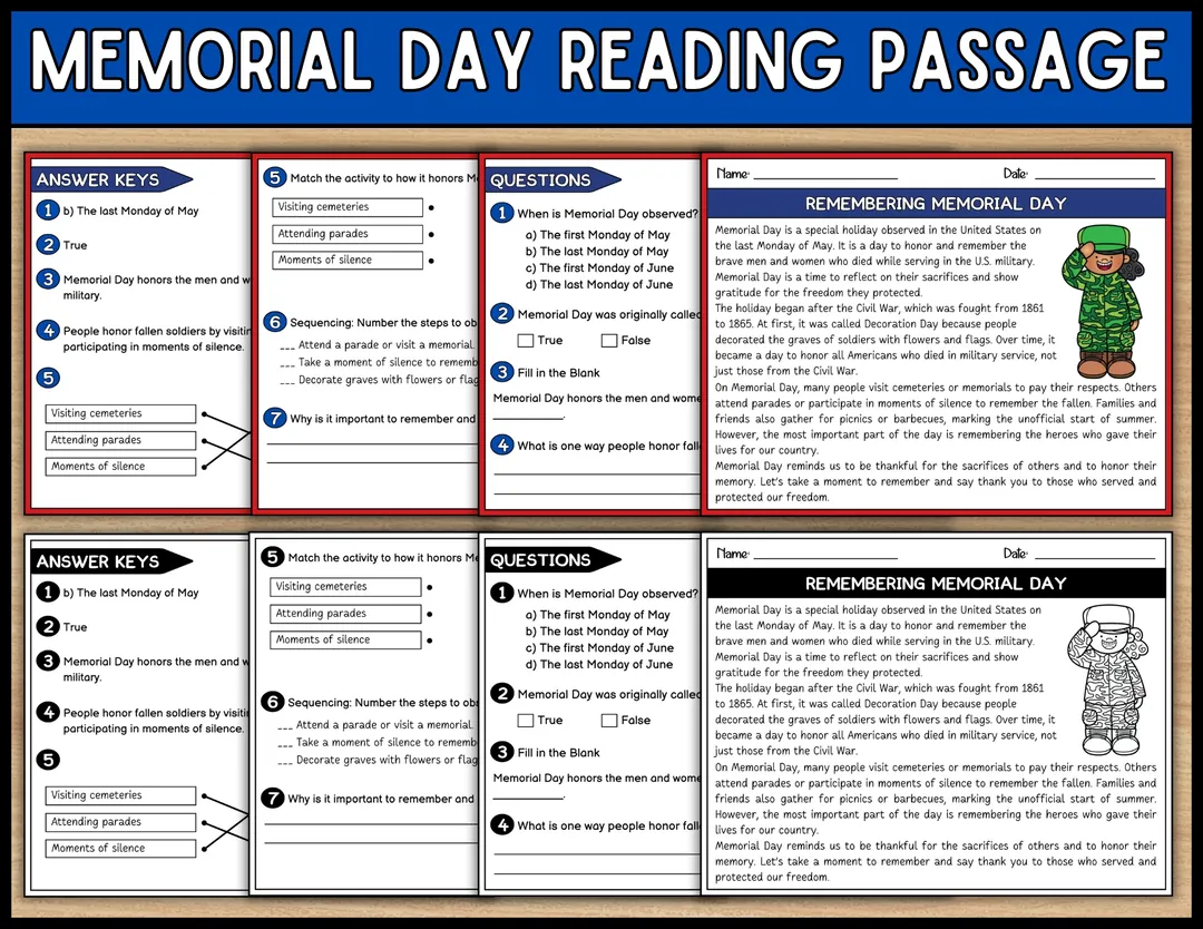 Memorial Day Reading Comprehension Passage and Questions – cover