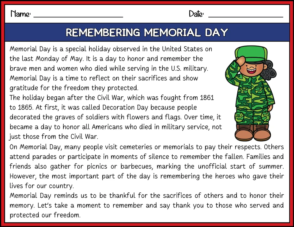Remembering Memorial Day, color: students read about its start as Decoration Day and how people honor fallen soldiers