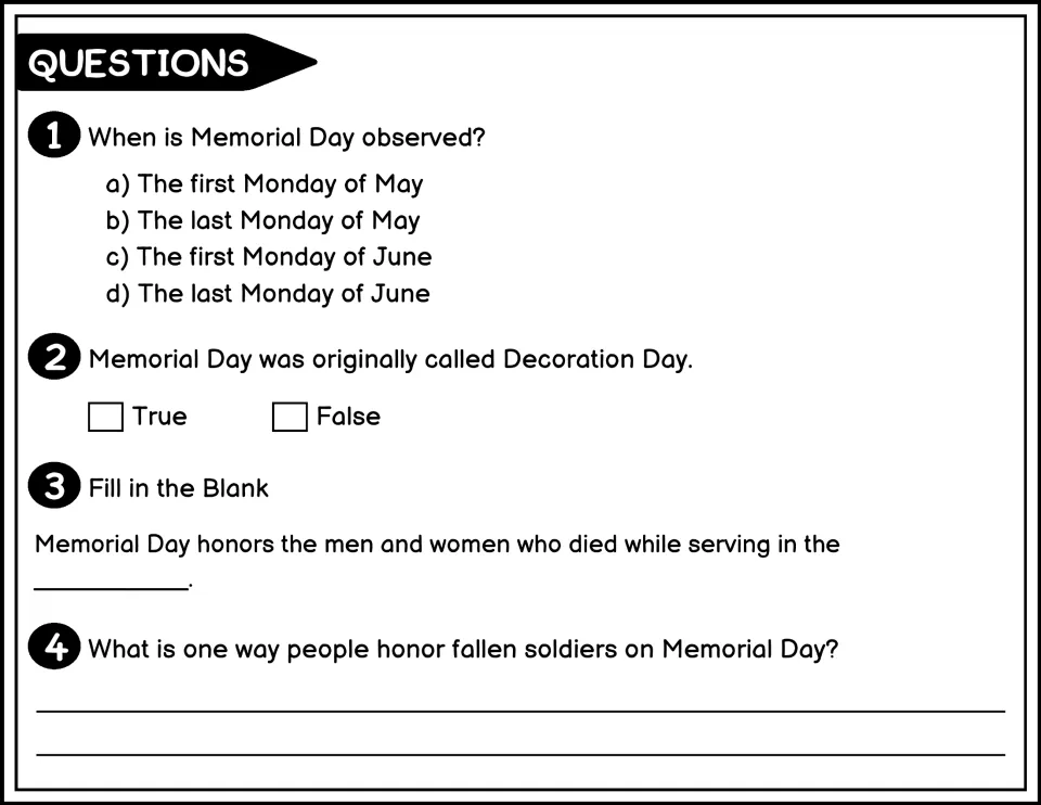 Comprehension questions 1-4, black and white: students pick the date, judge a Decoration Day statement and write one answer