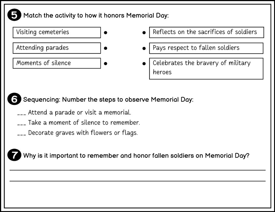Questions 5-7, black and white: students match cemeteries, parades and silence to meanings, then number steps and explain