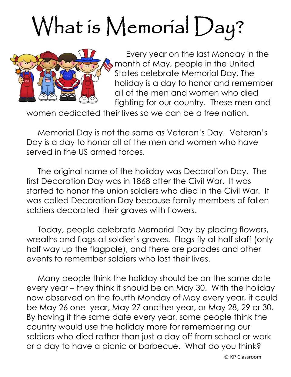 What is Memorial Day? reading passage on the holiday's history, Decoration Day in 1868 and how people honor fallen soldiers
