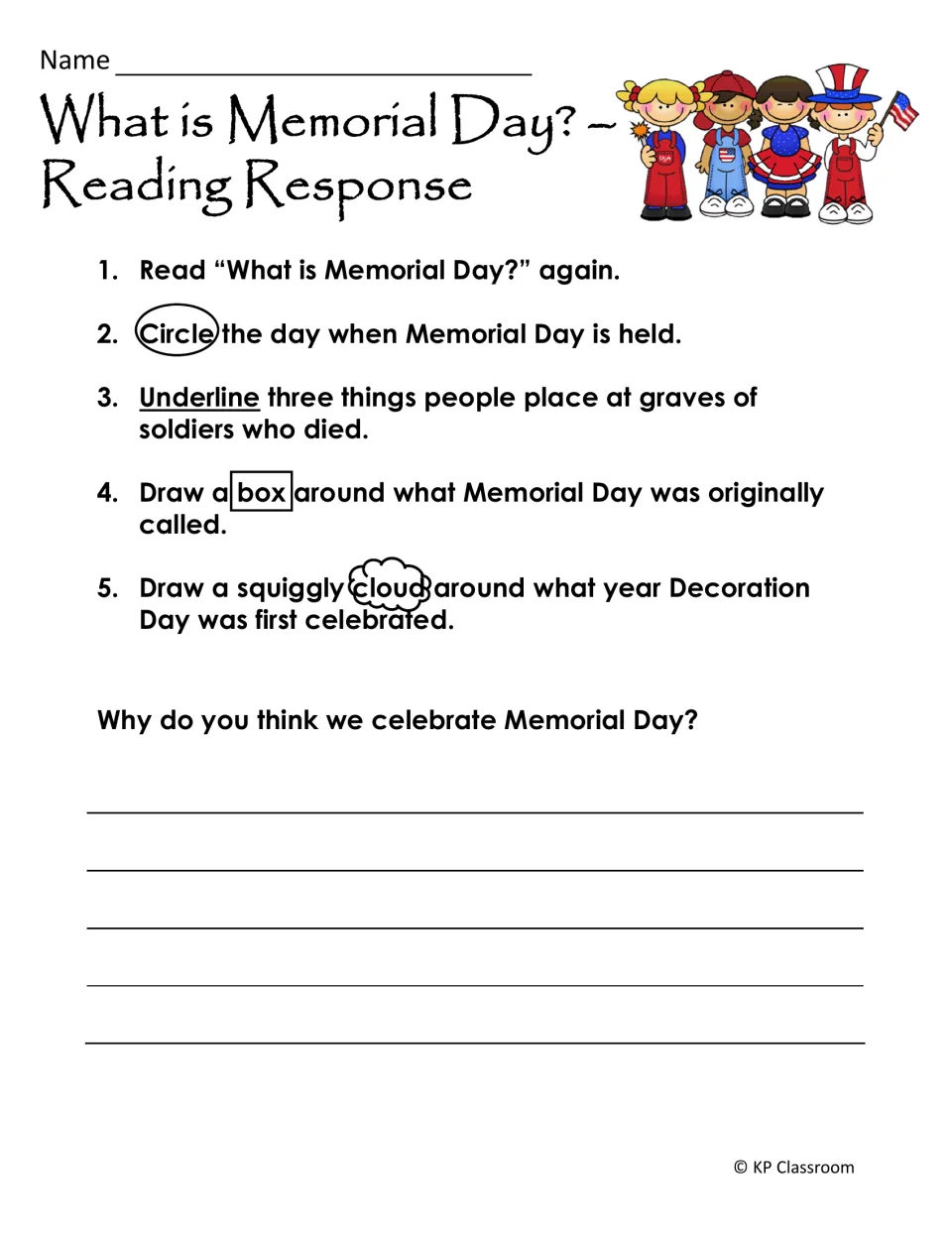 Memorial Day reading response: students circle, underline and box facts in the passage, then write why we celebrate it