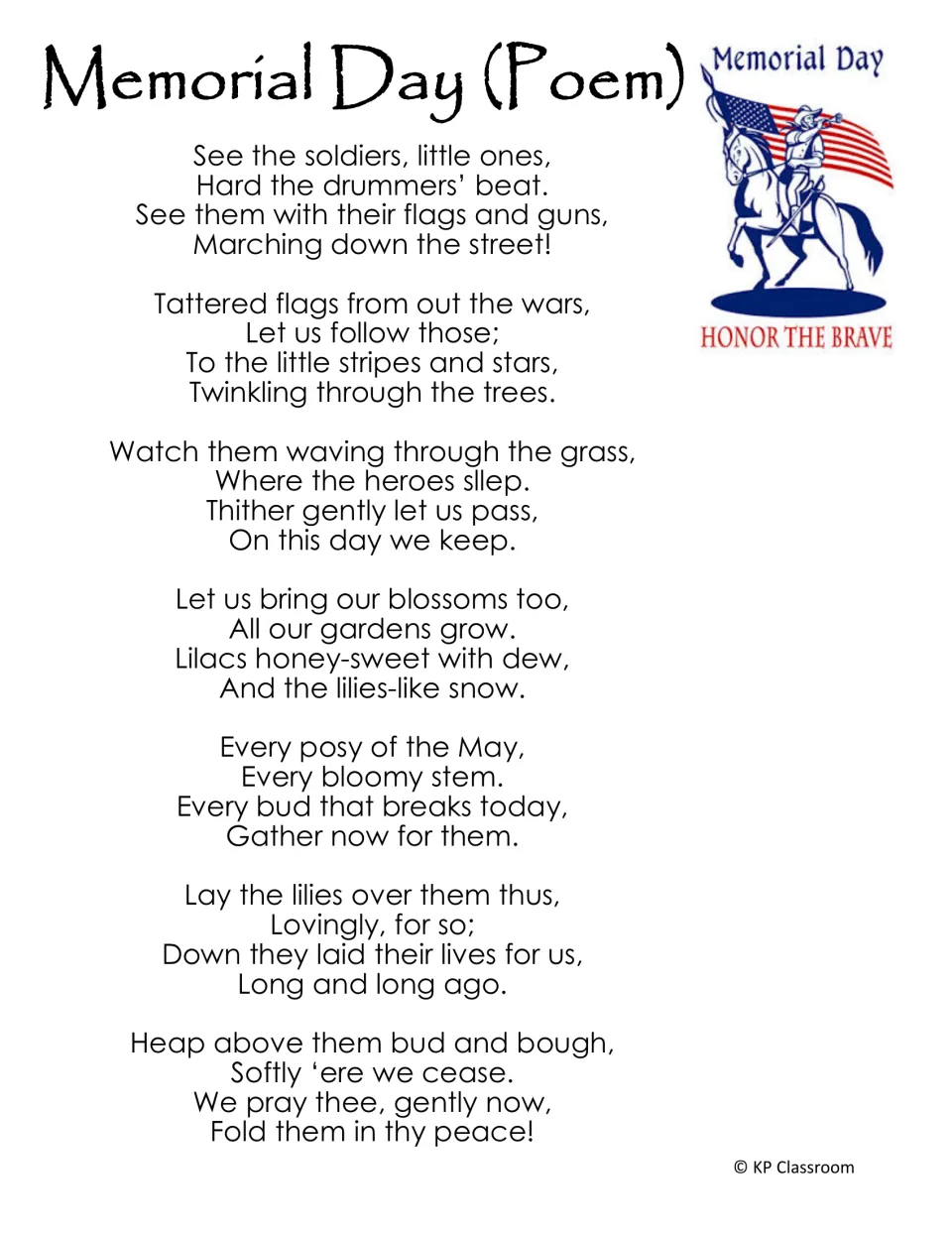 Memorial Day poem in seven stanzas about soldiers marching, flags and laying lilies and blossoms on heroes' graves