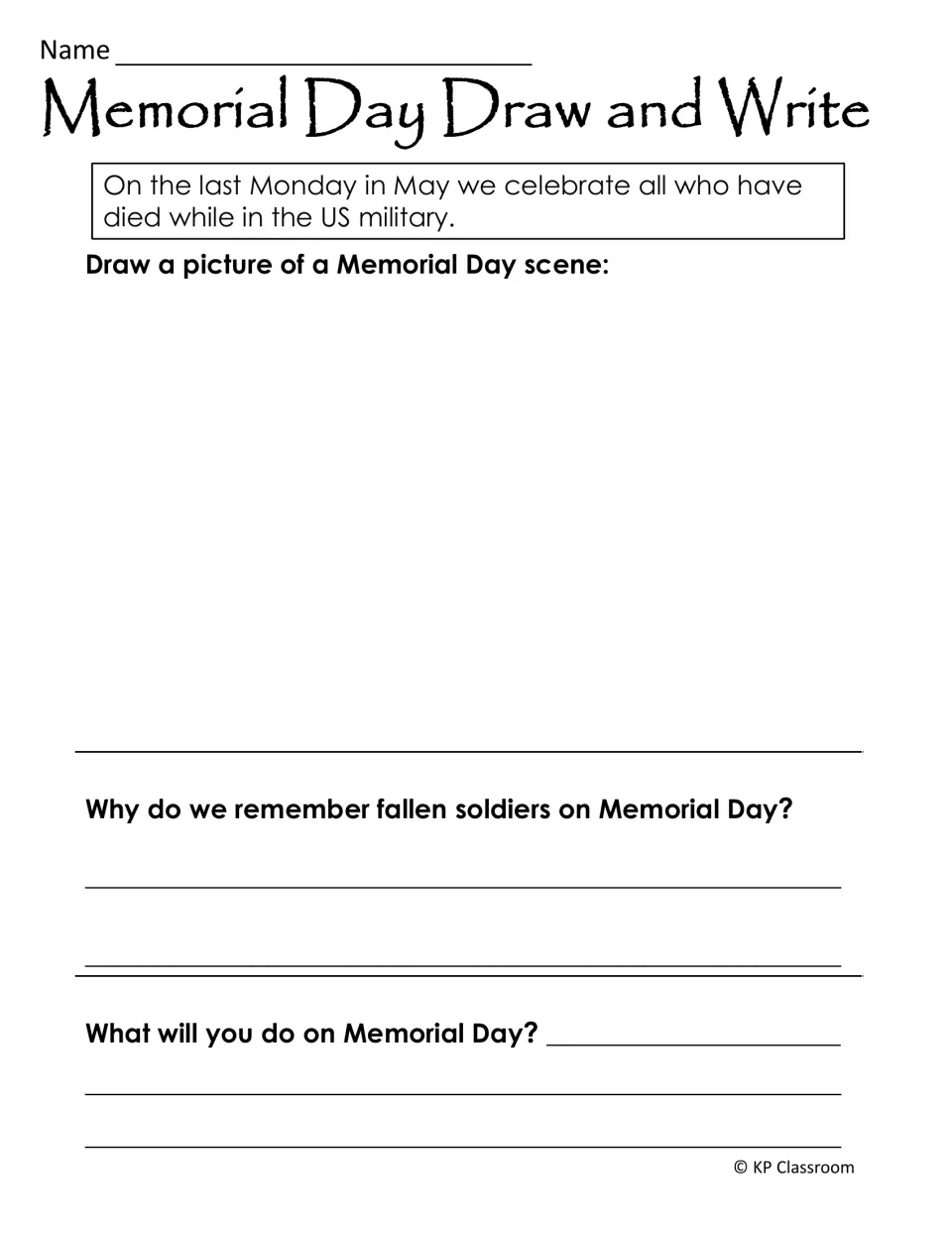 Memorial Day Draw and Write: students draw a Memorial Day scene and write why we remember fallen soldiers and their plans