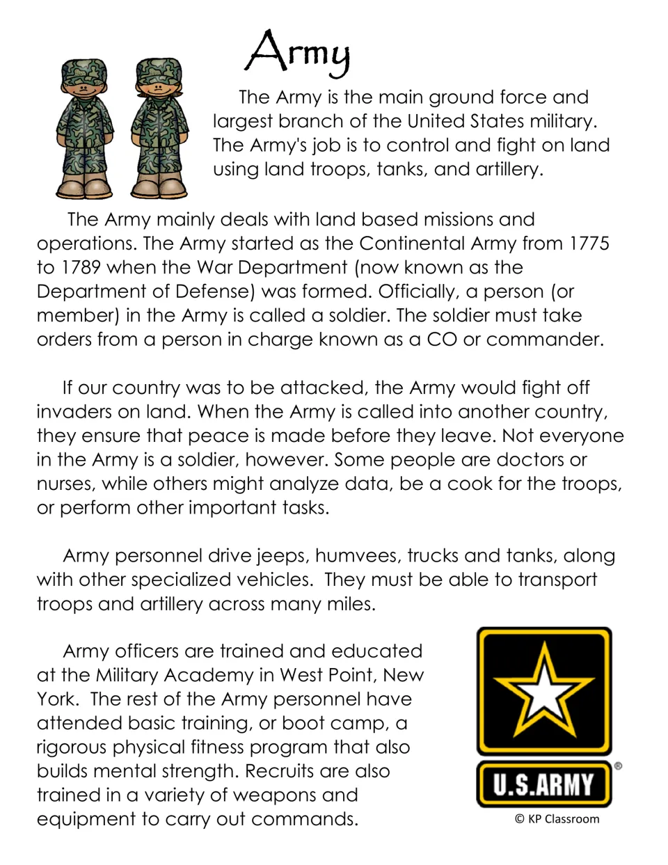 Army informational passage on the ground force's job, soldiers, vehicles like tanks and humvees, West Point and boot camp