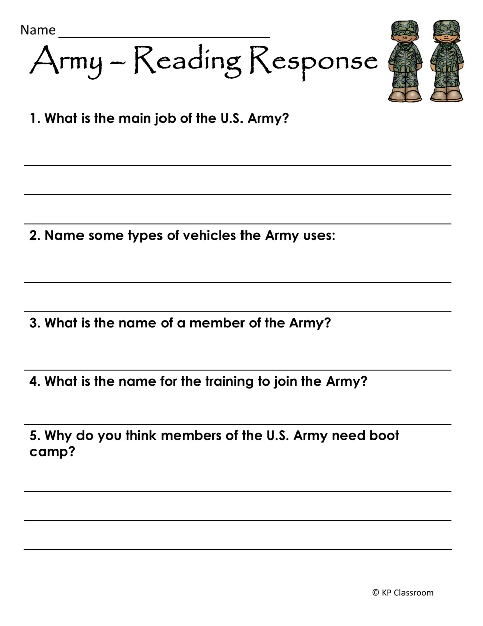 Army reading response: students answer five questions on the Army's main job, vehicles, members' name and boot camp