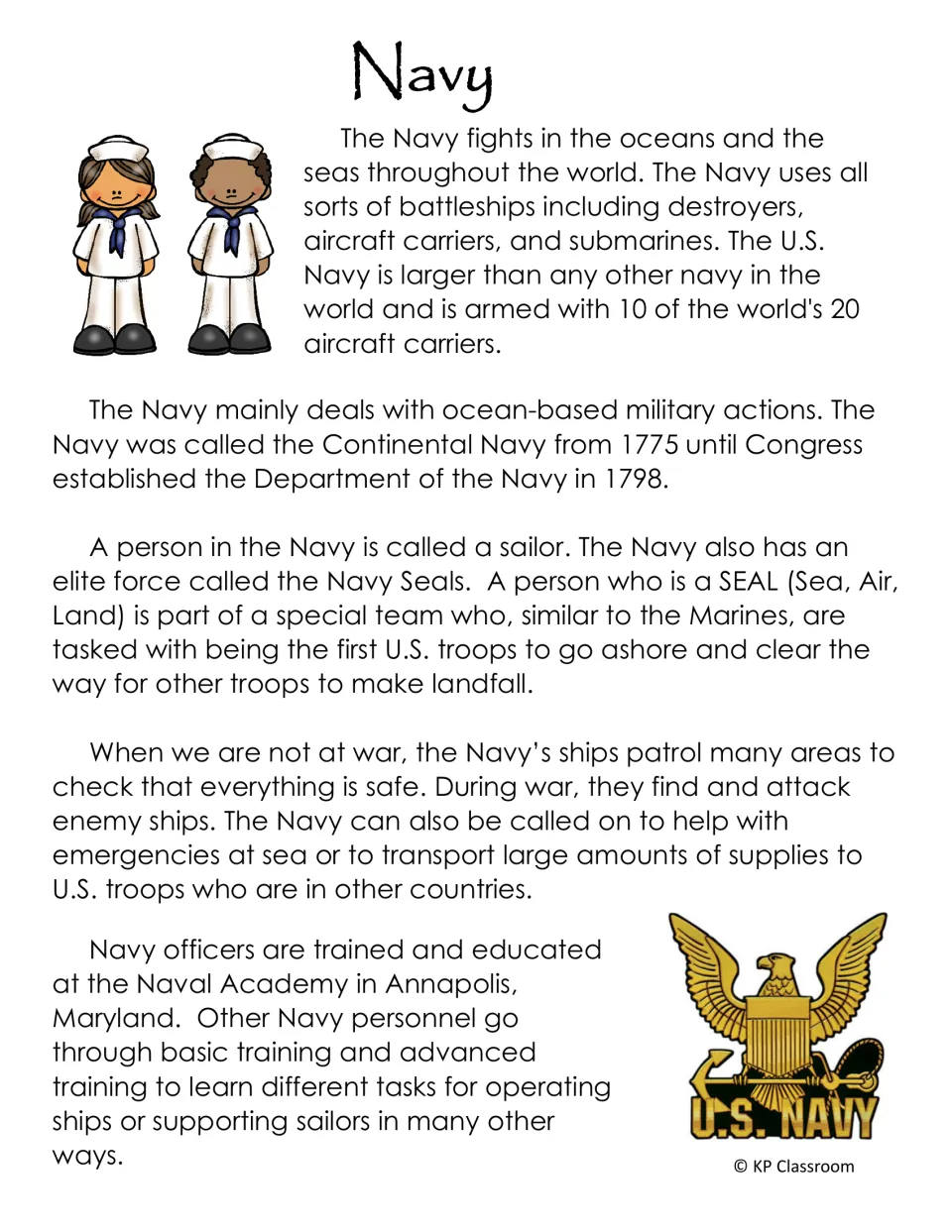 Navy informational passage on ocean missions, ships like destroyers and submarines, sailors, Navy SEALs and Annapolis