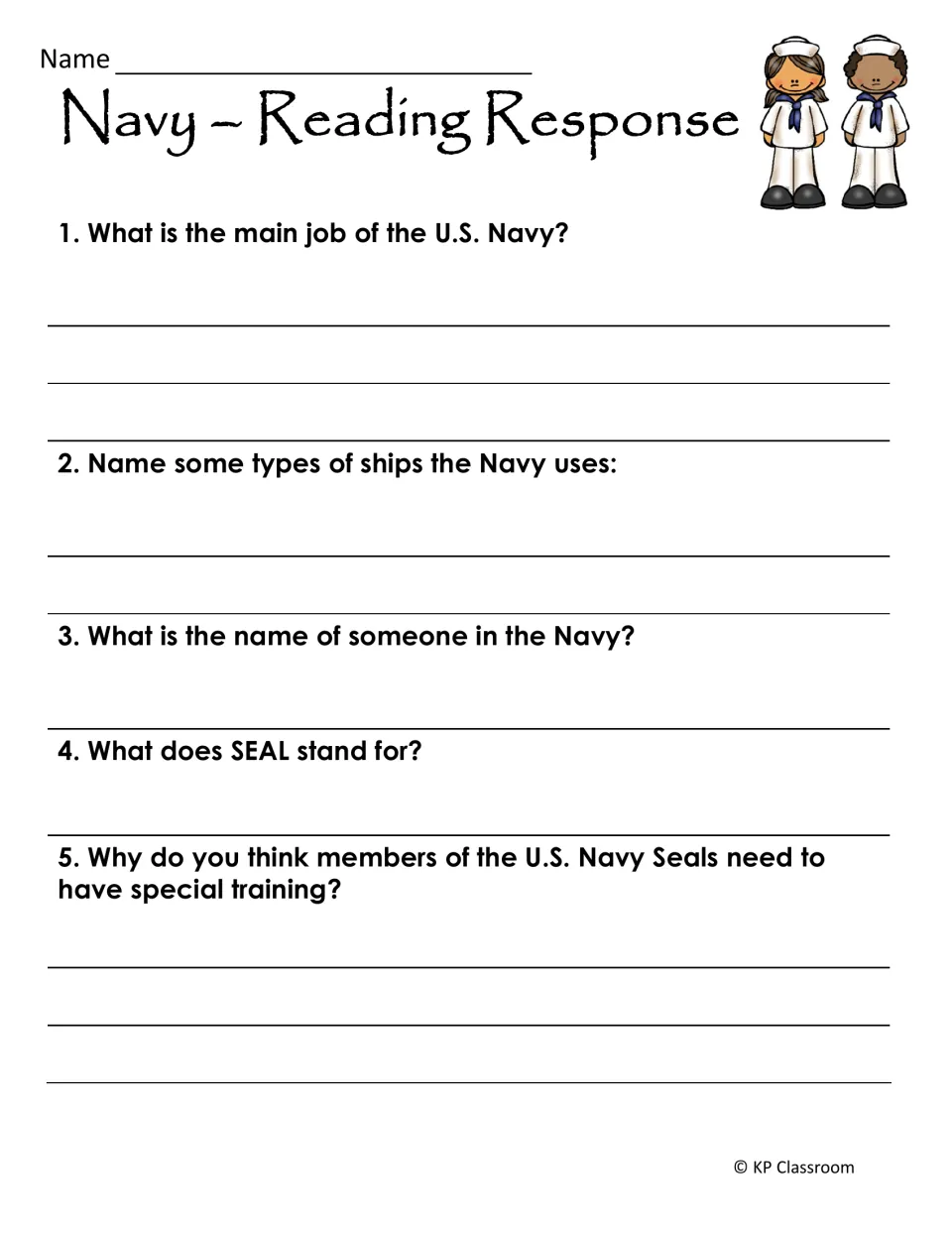 Navy reading response: students answer five questions on the Navy's job, ship types, sailors and what SEAL stands for