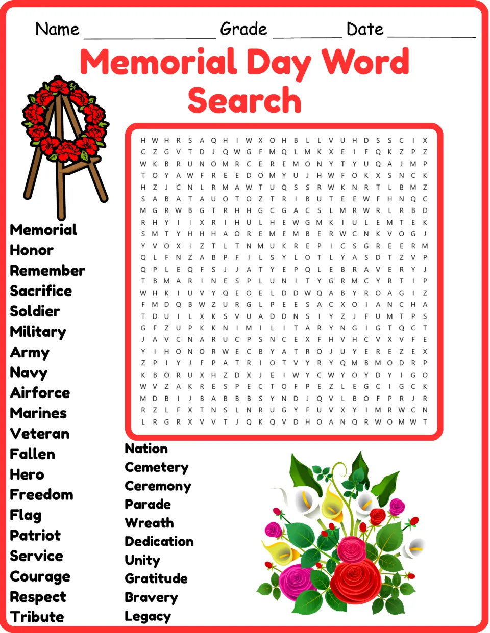 Color version of the Memorial Day word search: 30 words including Memorial, Honor, Remember, and Sacrifice.