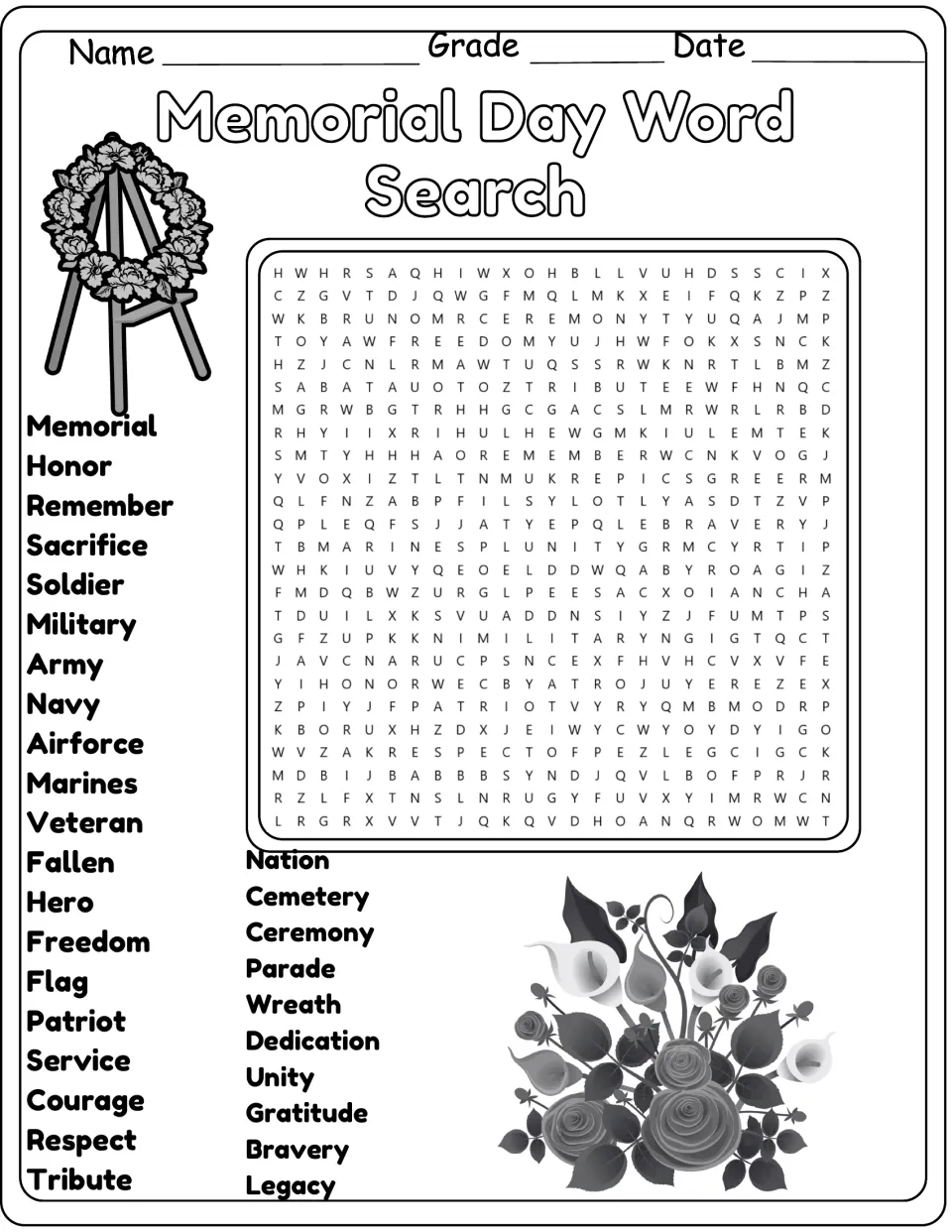 Black-and-white version of the same 30-word search, including Soldier, Military, Army, Navy, and Airforce.