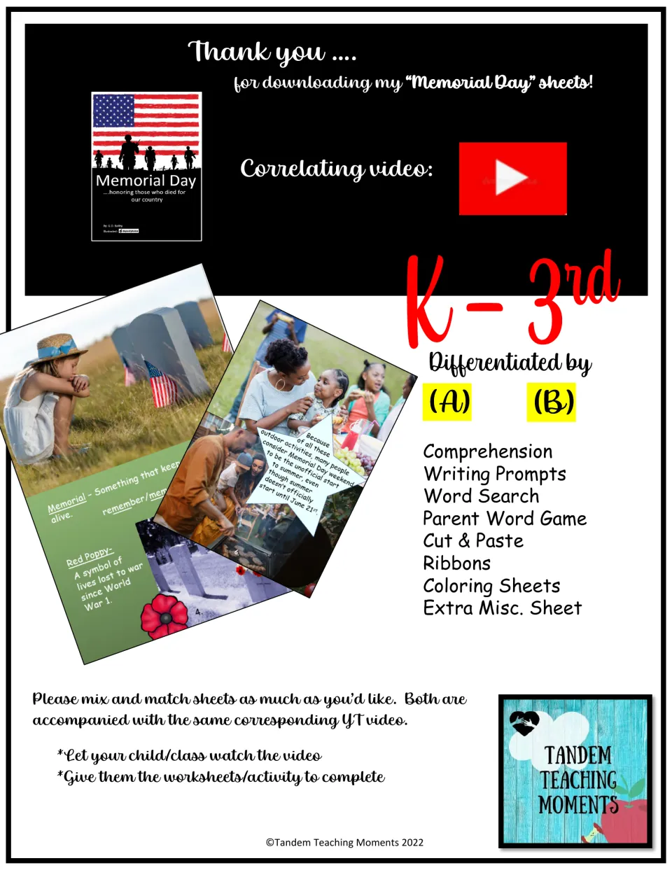 Memorial Day sheets for K-3rd, differentiated A and B: comprehension, word search, cut and paste, ribbons and coloring