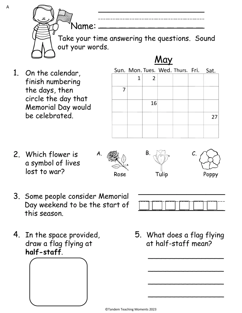 Memorial Day quiz, set A: students number a May calendar, circle the holiday, pick the poppy and draw a half-staff flag