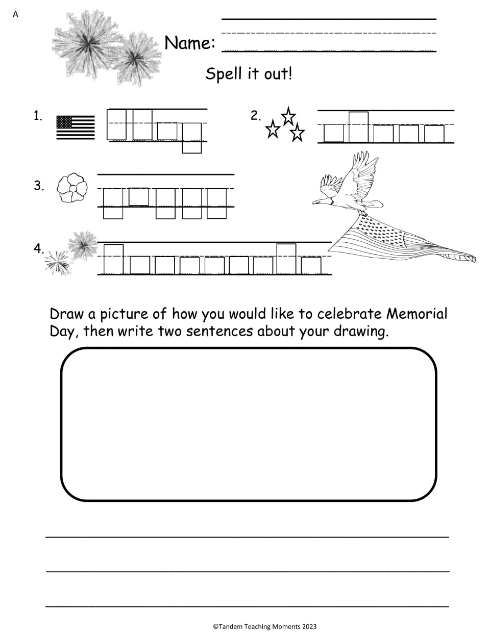 Spell it out: students spell flag, stars, poppy and fireworks from pictures, draw and write two sentences about the day