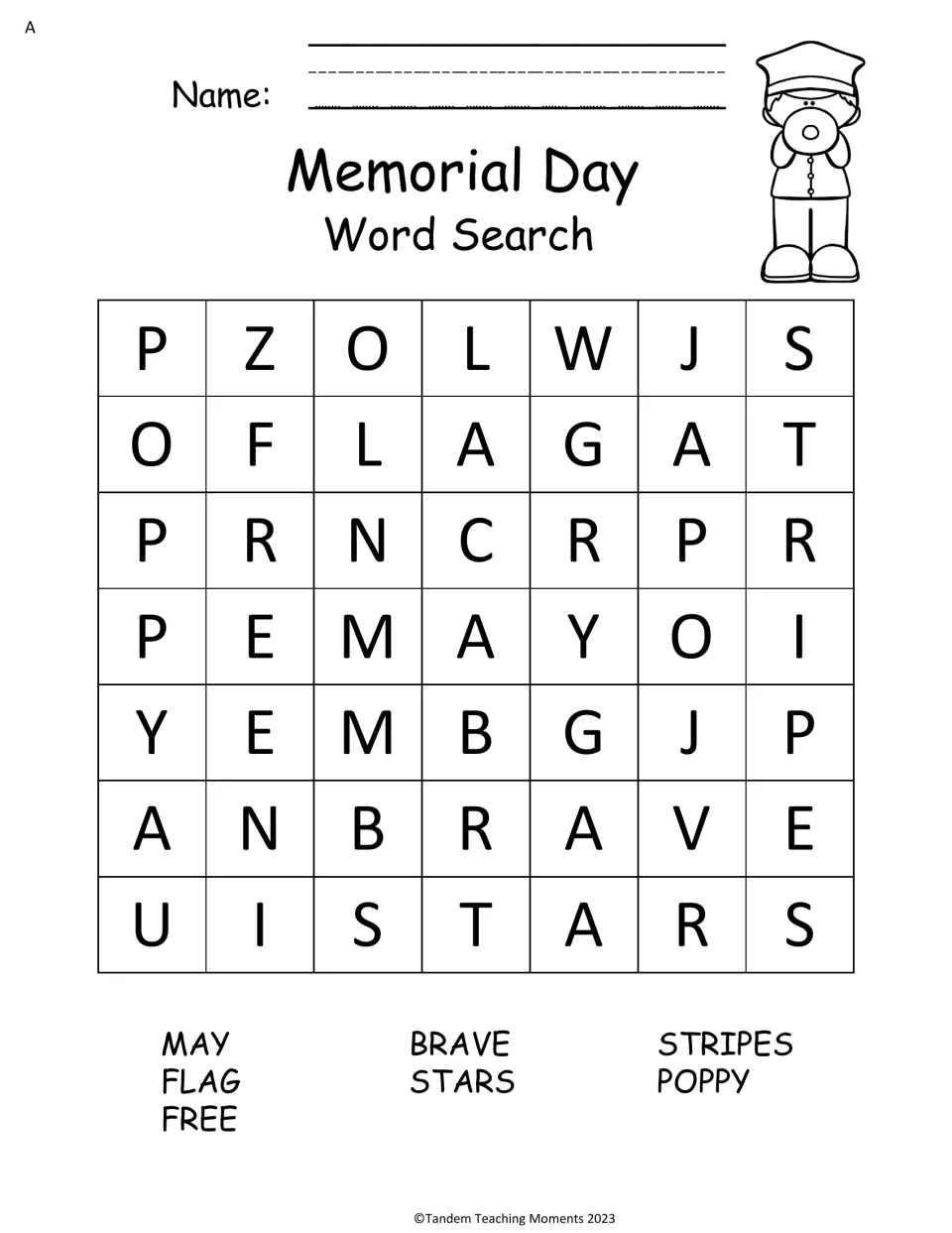 Memorial Day word search: students find May, flag, free, brave, stars, stripes and poppy hidden in a 7 by 7 letter puzzle