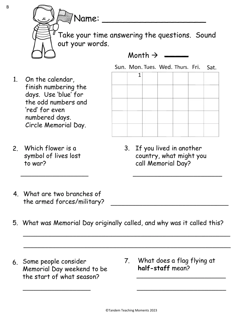 Memorial Day quiz, set B: color odd and even calendar days, name the flower, military branches and the holiday's old name