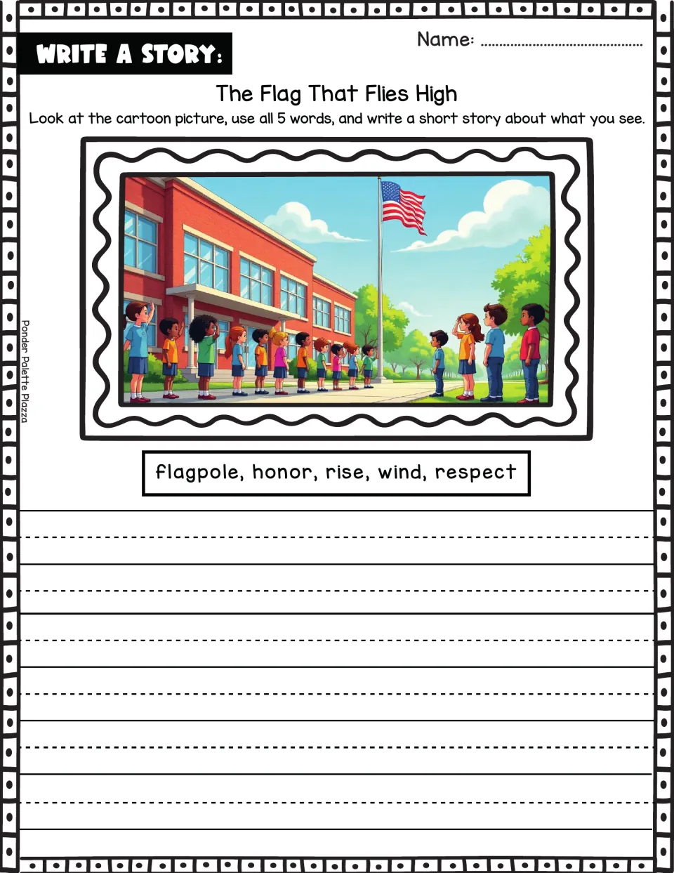 Story prompt about a school flag ceremony using the words flagpole, honor, rise, wind, and respect