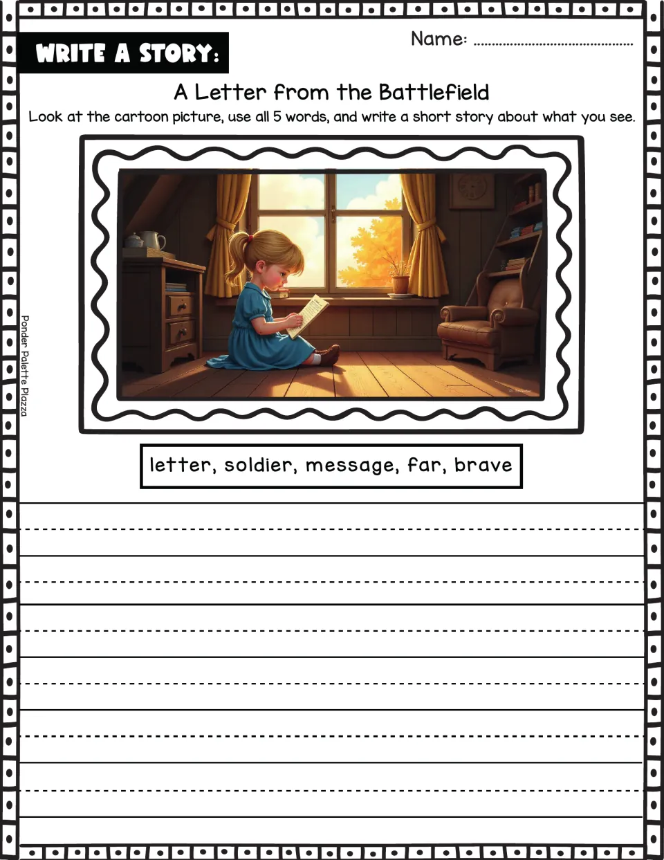 Story prompt about a child reading a letter using the words letter, soldier, message, far, and brave