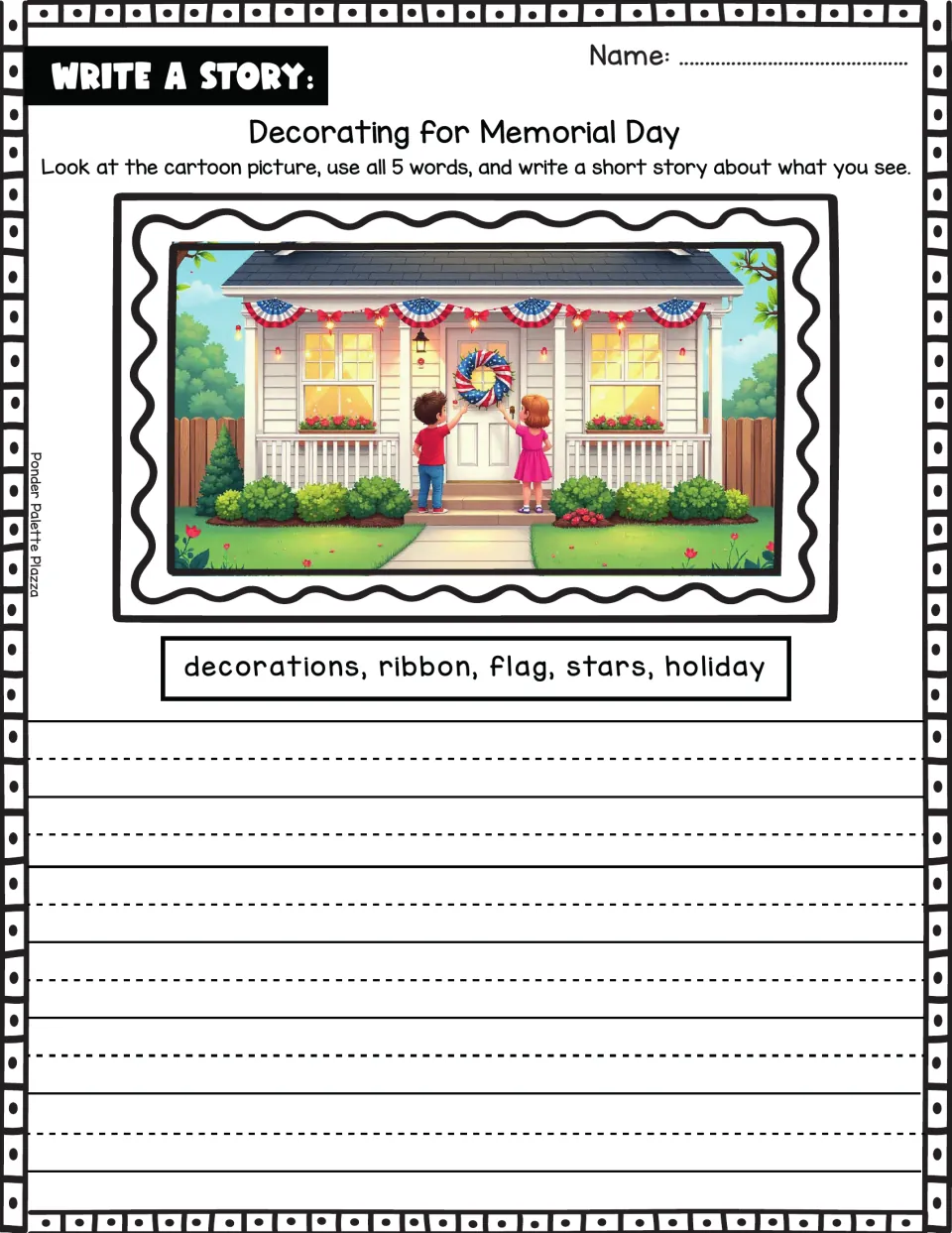 Story prompt about decorating for Memorial Day using decorations, ribbon, flag, stars, and holiday