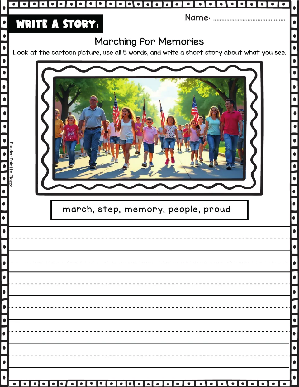 Story prompt about families marching with flags using the words march, step, memory, people, and proud
