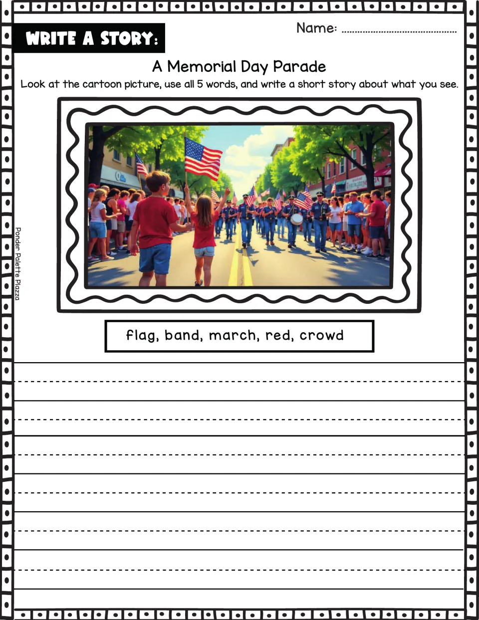 Memorial Day parade story prompt: kids wave flags at a marching band; students write using flag, band, march, red, crowd