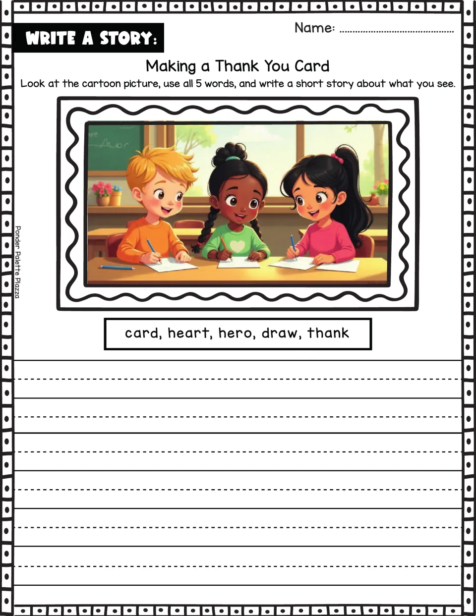 Thank-you card story prompt: three children drawing at a desk; students write using card, heart, hero, draw, thank