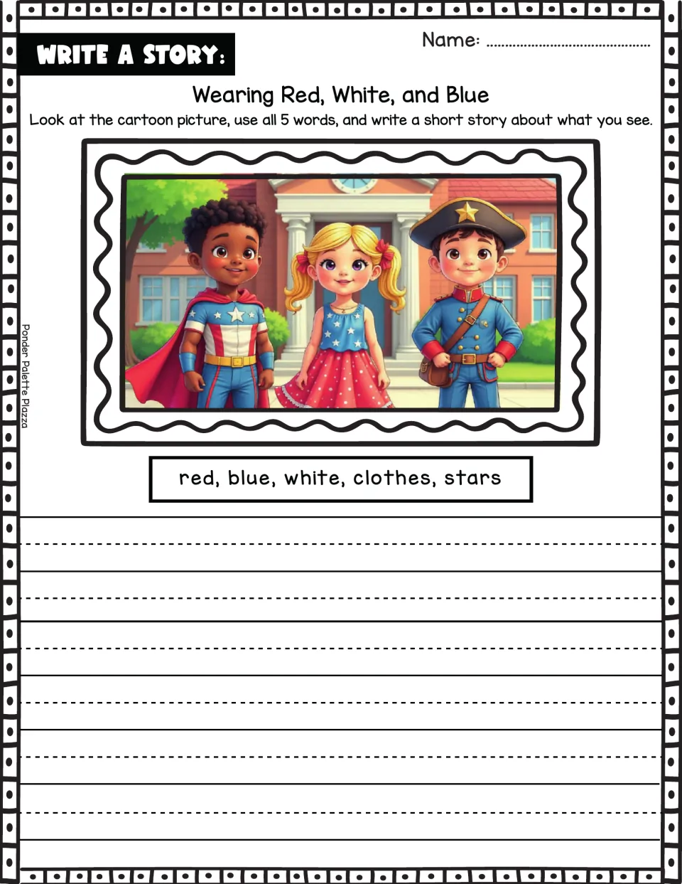 Red, white and blue story prompt: kids in starry outfits outside a school; students use red, blue, white, clothes, stars