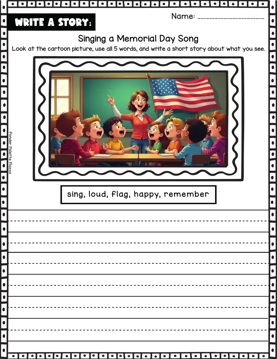Memorial Day song story prompt: a teacher leads kids in song by a flag; students use sing, loud, flag, happy, remember