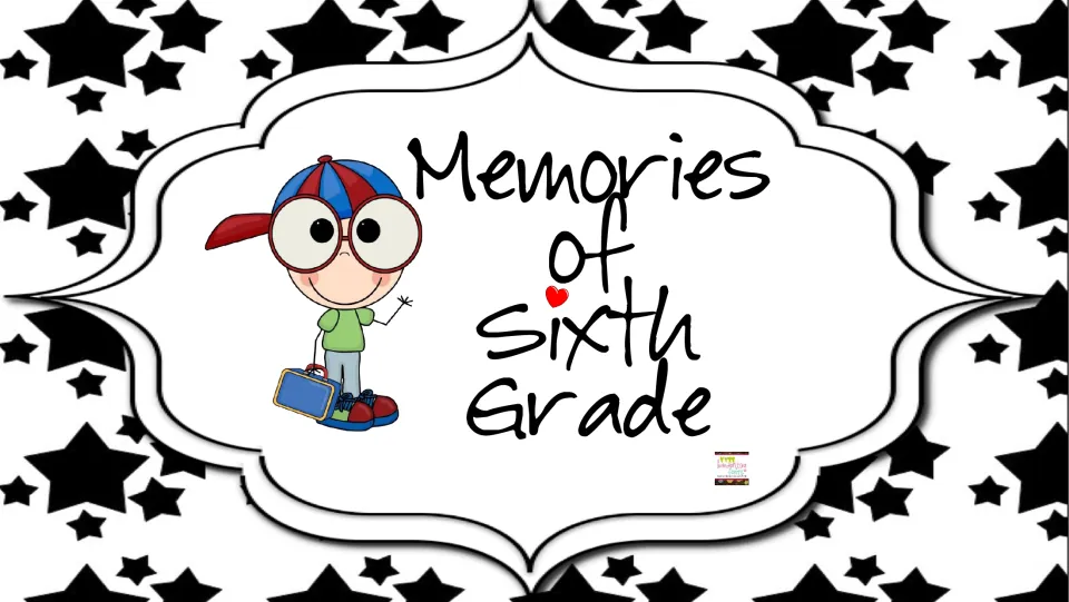 Memories of Sixth Grade cover in color: a waving cartoon boy with glasses and a lunchbox on a black star background
