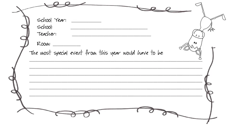 School year details: students record their school, teacher and room, then write about the year's most special event
