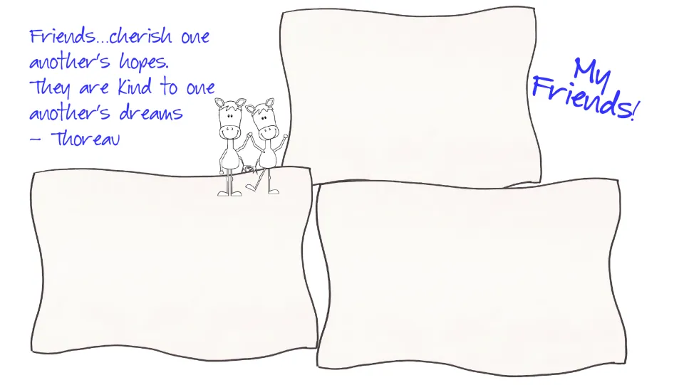 My Friends!: three spaces for friend photos or drawings, with a Thoreau quote about cherishing one another's hopes