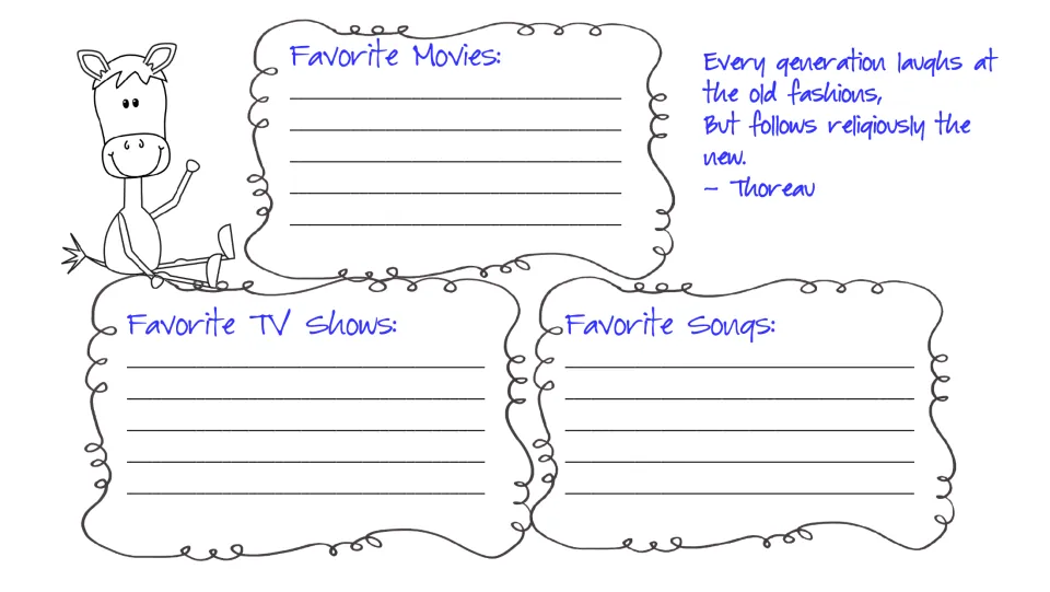 Pop culture favorites: students list their favorite movies, TV shows and songs beside a Thoreau quote