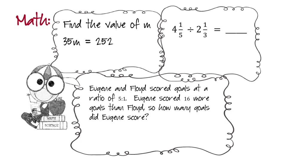 Math review: students solve 35m = 252 for m, divide mixed numbers 4 1/5 ÷ 2 1/3, and work a 5:1 goal ratio word problem