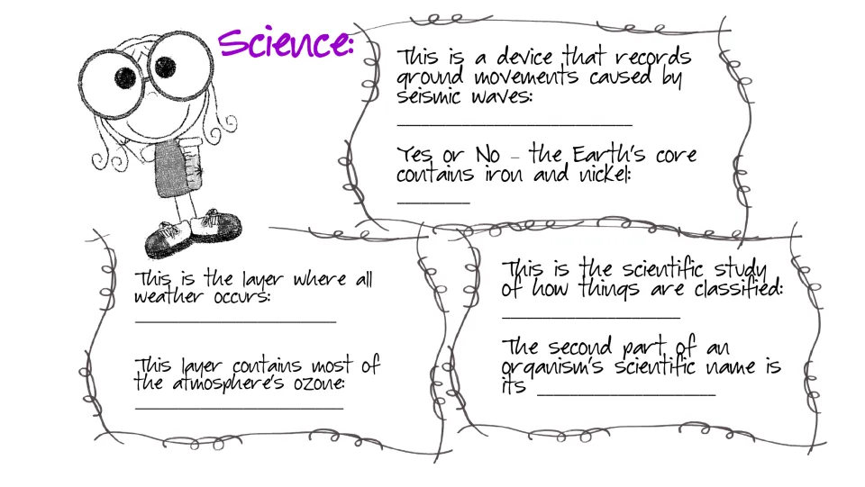 Science review: students answer six questions on seismic waves, Earth's core, atmosphere layers and classification