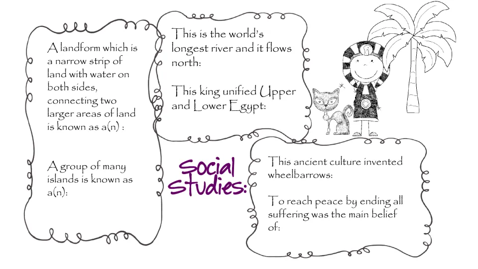 Social studies review: students answer clues about landforms, island groups, ancient Egypt, inventions and beliefs