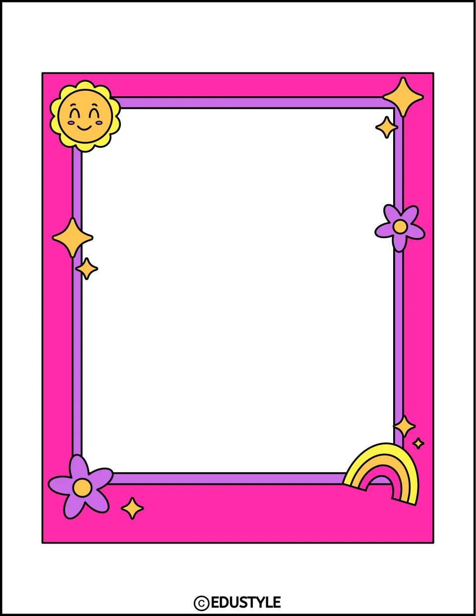 Hot pink and purple summer photo frame with a smiling sun, purple flowers, gold sparkles and a rainbow around blank space