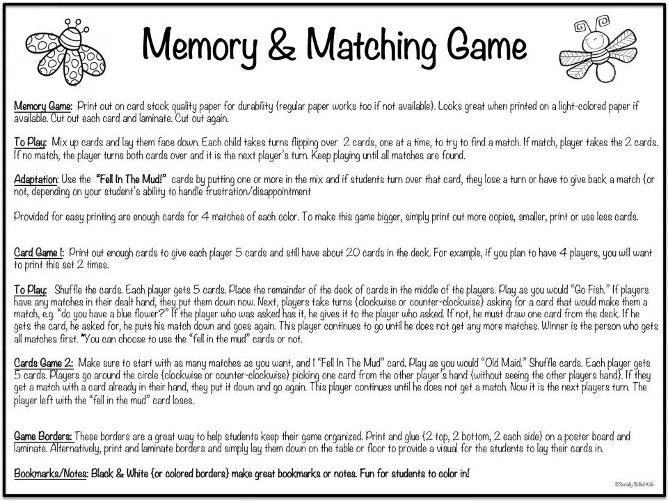 Game directions for memory matching, Go Fish, and Old Maid, plus optional Fell In The Mud cards