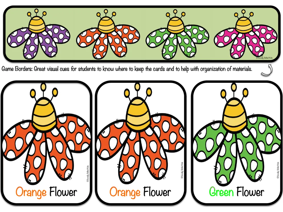 Spring Flowers card sheet 1: two Orange Flower cards and one Green Flower card for matching games