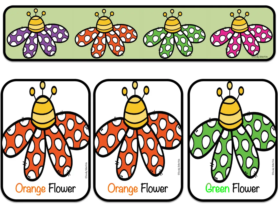 Spring Flowers card sheet 2: two Orange Flower cards and one Green Flower card repeat the first sheet