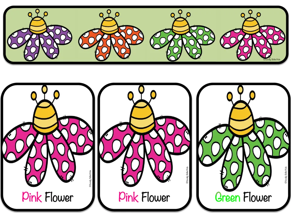 Spring Flowers card sheet 3: two Pink Flower cards and one Green Flower card for memory and matching