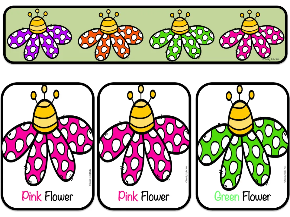Spring Flowers card sheet 4: two Pink Flower cards and one Green Flower card repeat the pink and green selection