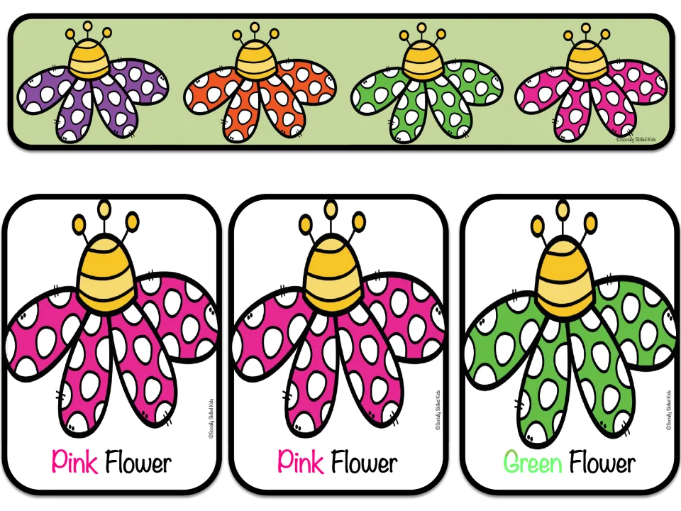 Spring Flowers card sheet 5: another matching-game sheet of two Pink Flower cards and one Green Flower card