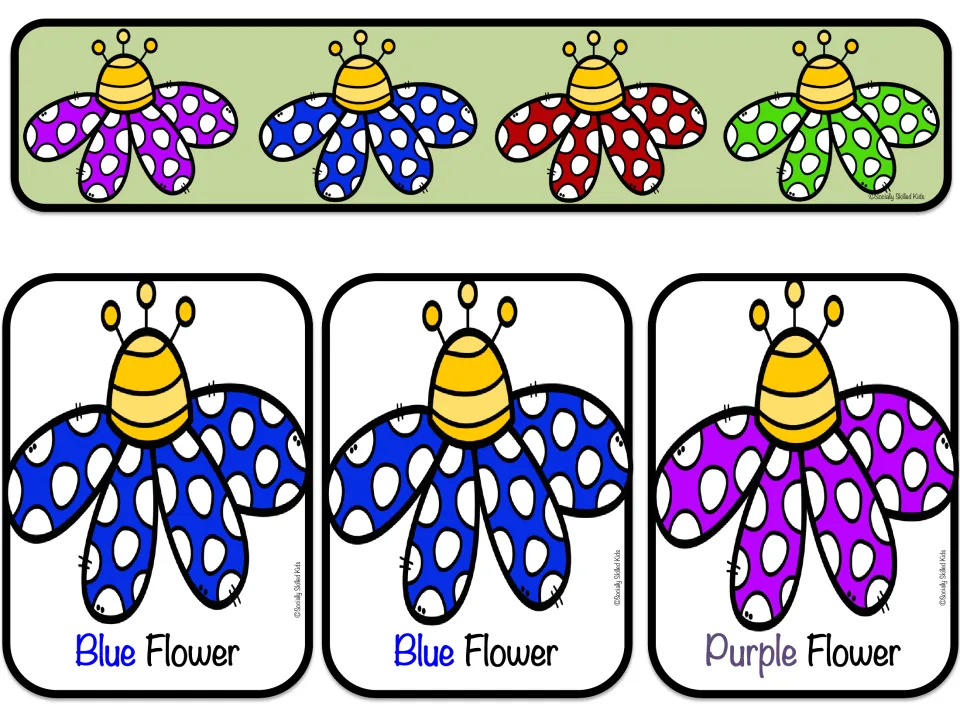 Spring Flowers card sheet 6: two Blue Flower cards and one Purple Flower card for memory and matching