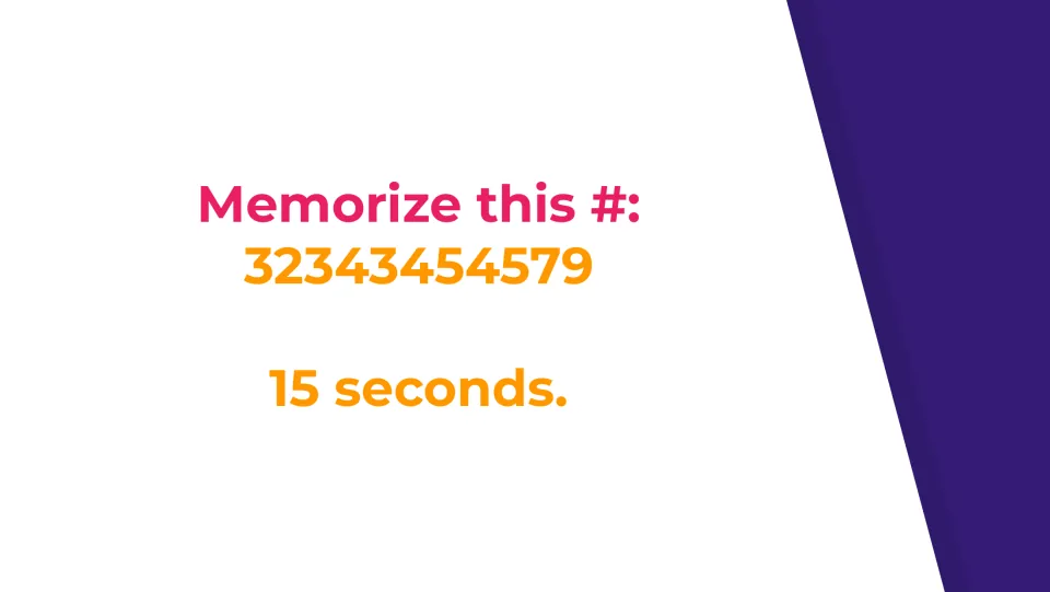 First number-recall challenge slide asks students to memorize the number 32343454579 in 15 seconds