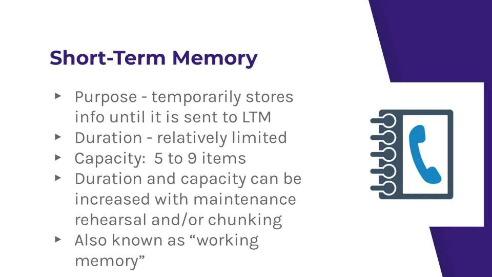 Short-term memory slide covers temporary storage, a capacity of 5 to 9 items, rehearsal, and chunking