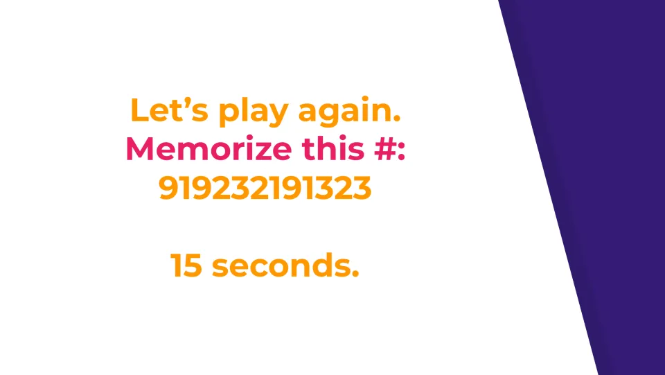Second number-recall challenge slide asks students to memorize the number 919232191323 in 15 seconds